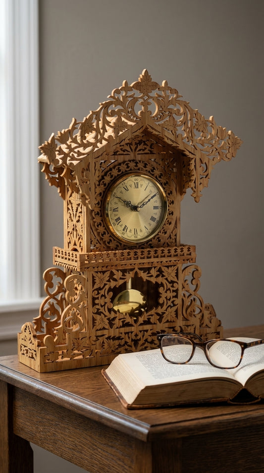 Decorative wooden clock with intricate carvings on a wooden surface next to an open book and glasses.