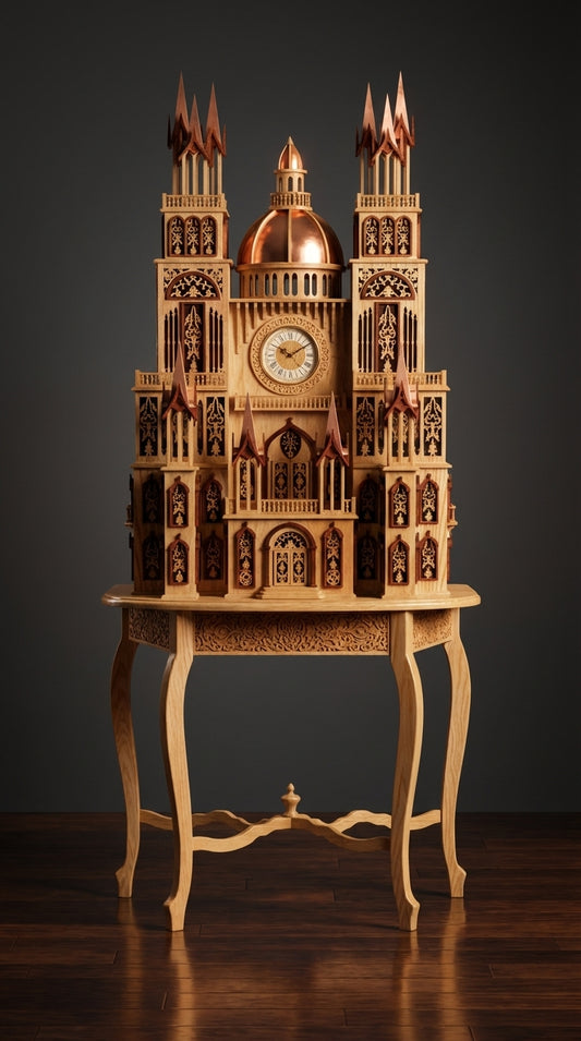 Shopiere Clock on a Tiffany Table with a wooden floor and grey wall background.