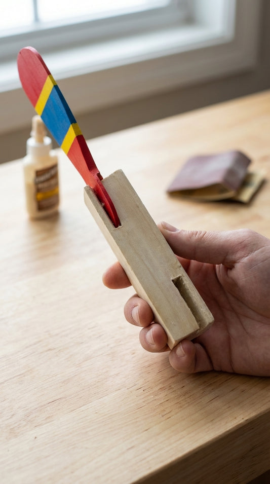 Hand holding a whirligig hub with a wooden blade in the hub and glue and sandpaper in the background.