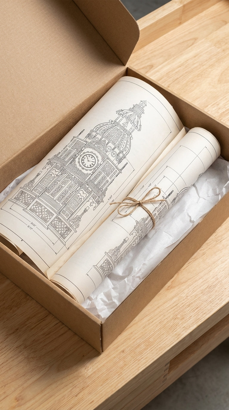 The prints for a dome clock scroll saw plan rolled up.