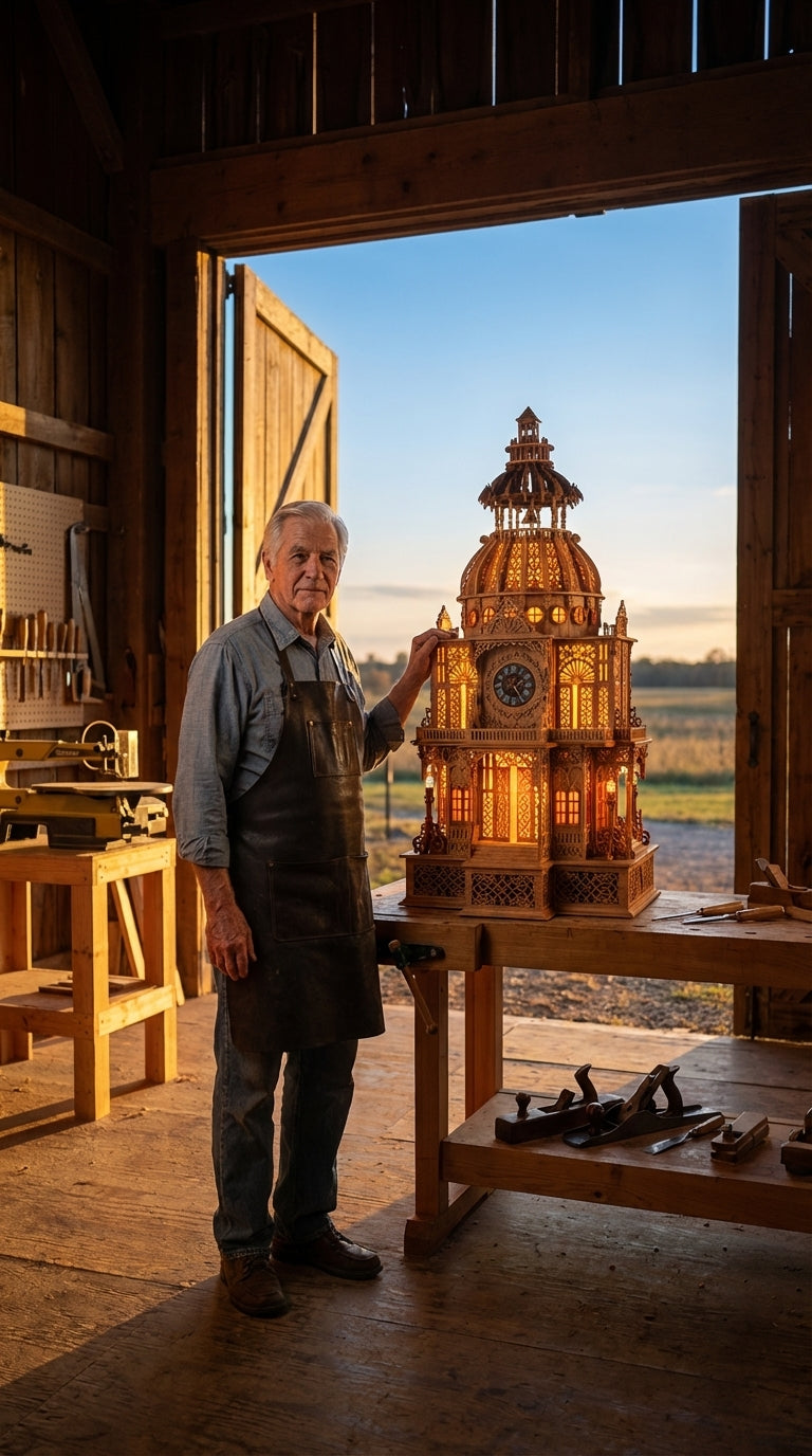 Man in a woodshop with a Dome clock