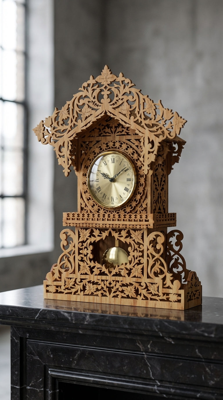 Decorative wooden clock with intricate scrolling on a dark surface.