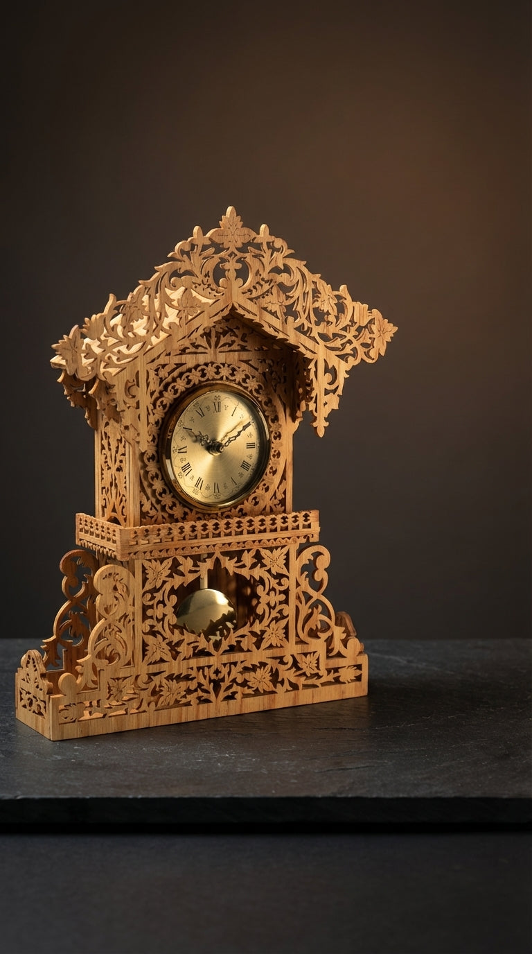 Decorative wooden clock with intricate scrolling on a dark background
