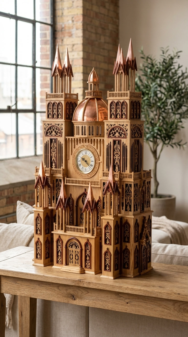 Wooden scroll saw model with intricate details on a wooden table.