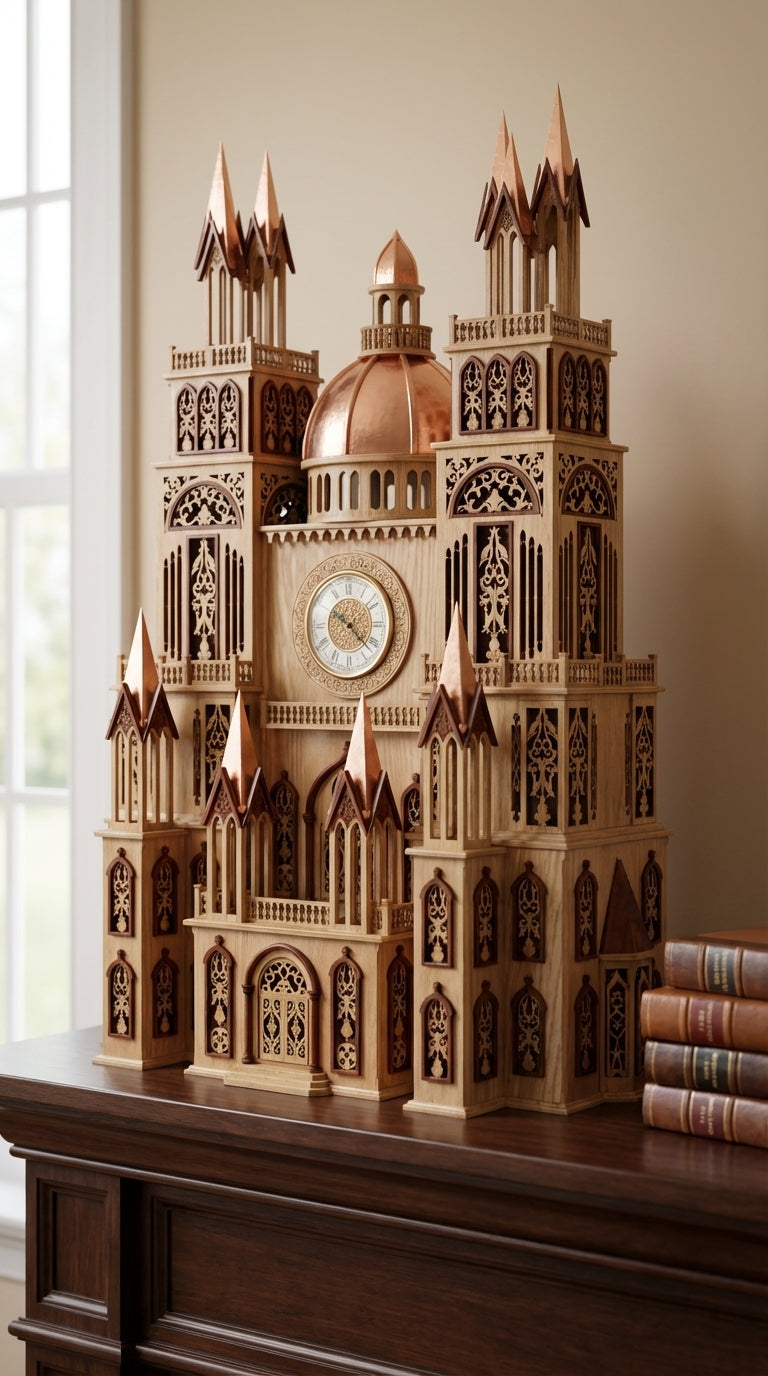 Detailed wooden clock tower model on a wooden surface with books in the background.