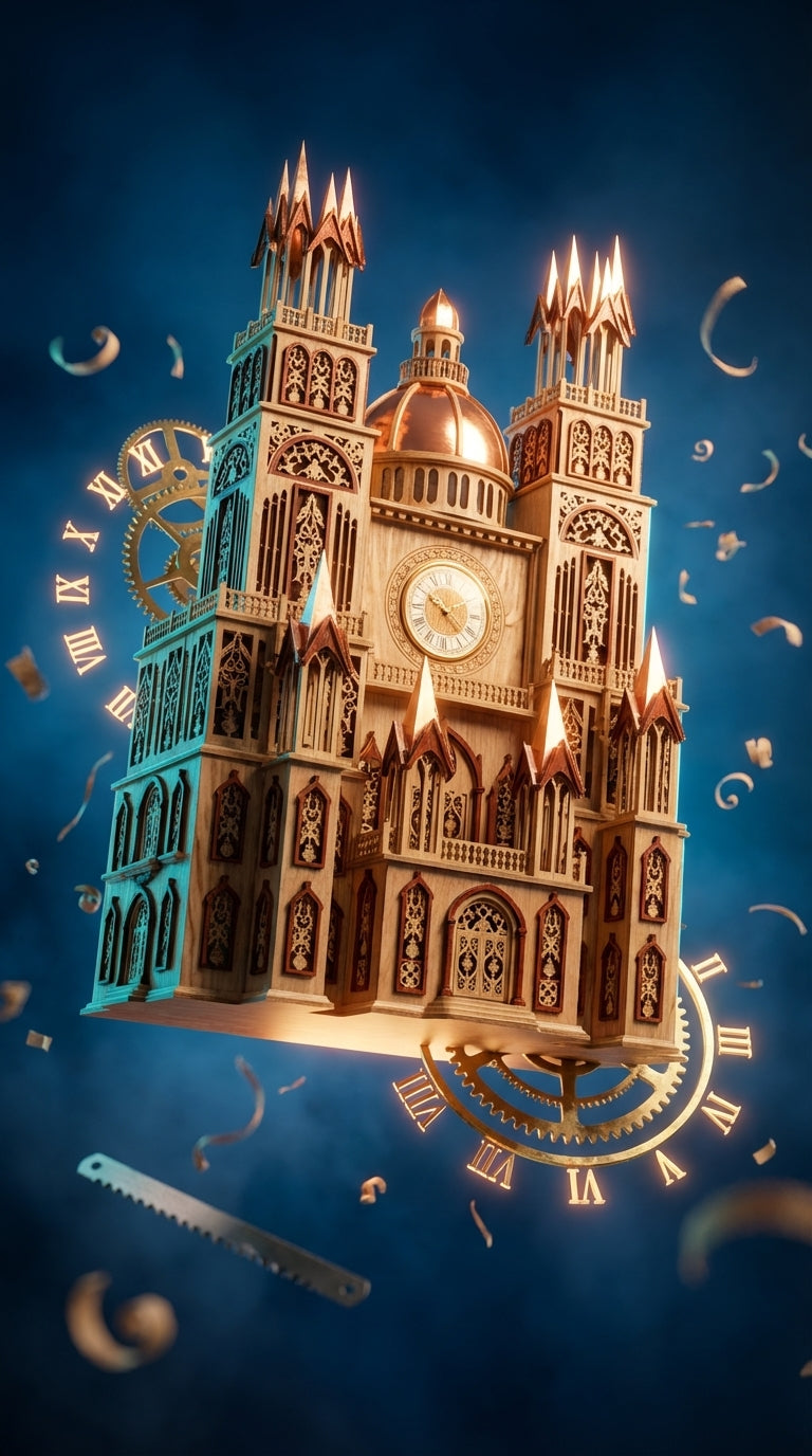 Detailed model of a clock tower with decorative elements on a blue background