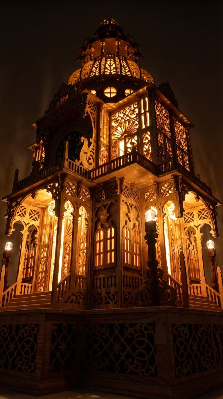 A lighted upward view of the dome clock scroll saw plan completed.