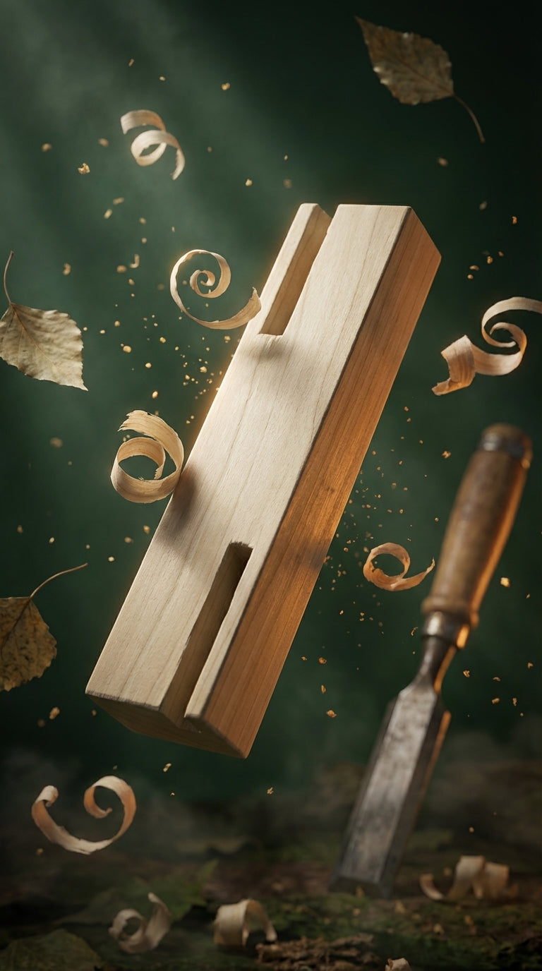 A whirligig hub with a chisel and wood shavings.